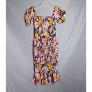 Europa The Label Dress Womens Small Multicolor Floral Ruffle Puff Sleeve Smocked